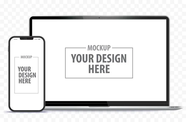 Laptop Bilgisayar ve Cep Telefonu Mockup. Saydam arkaplan ile dijital aygıtlar ekran şablon vektör çizimi.