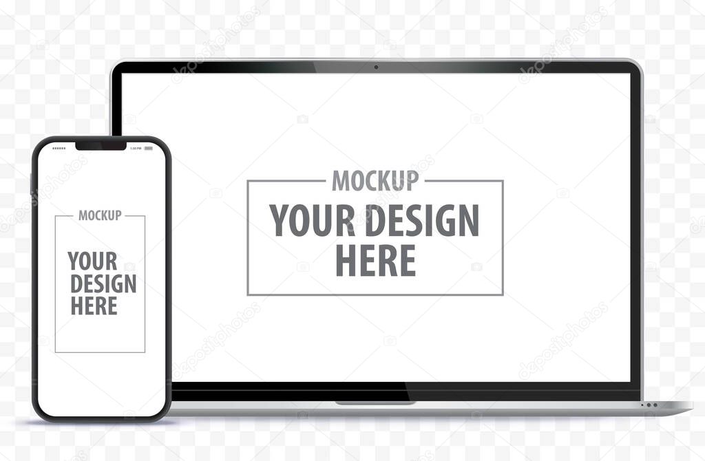 Laptop Computer and Mobile Phone Mockup. Digital devices screen template vector illustration with transparent background.