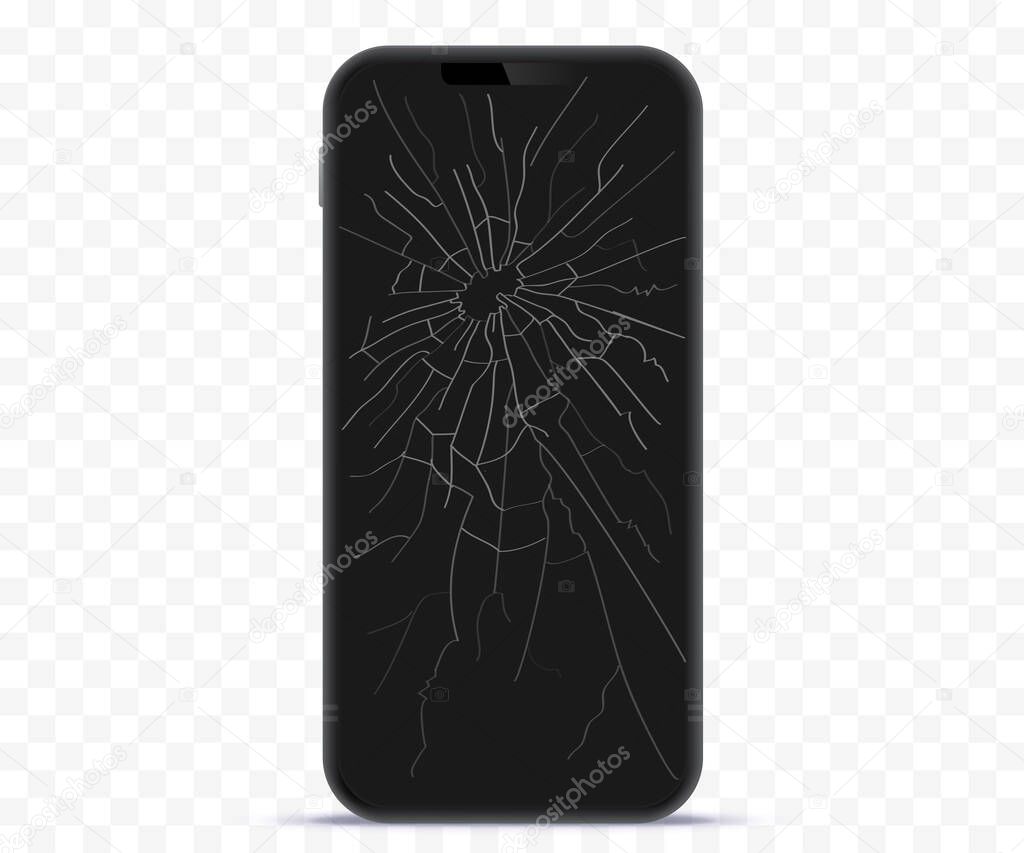 Broken Mobile Phone Screen Vector Illustration With Transparent Background.