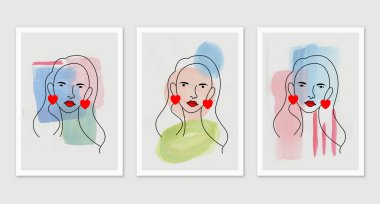 Çizgiler ve renkli noktalarla çizilmiş gerçeküstü kadın yüzleri koleksiyonu.