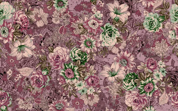 Diseño Flores Acuarela Sin Costuras Con Textura Digital — Foto de Stock