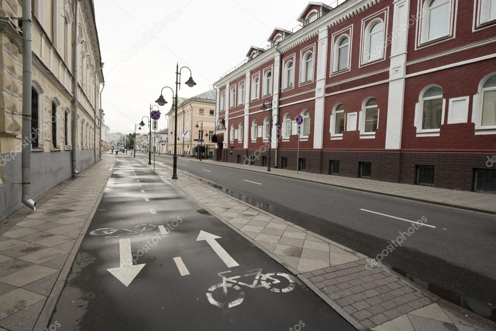 Bike path on street in Moscow, Russia.