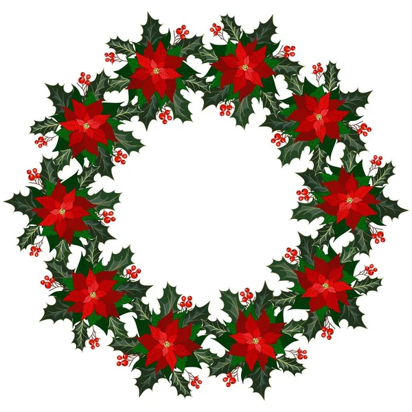 ポインセチアの花 ホリー ベリーとクリスマスの花輪 クリスマスの装飾のためのデザイン要素 ベクターイラスト — ストックベクタ
