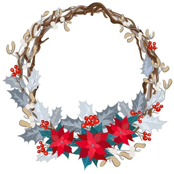 Merry Christmas Decorative Wreath Poinsettia Mistletoe Holly Christmas Frame Your — Stock Vector