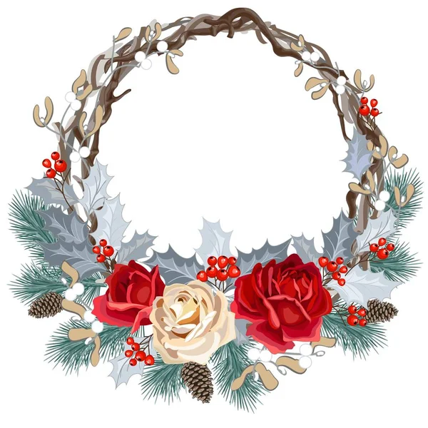 Feliz Navidad Corona Decorativa Con Rosas Beige Rojo Abeto Muérdago — Vector de stock