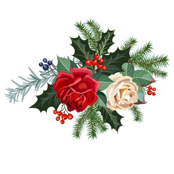 バラの花 モミの枝や装飾的な緑のクリスマスの庭 ベクトルイラスト — ストックベクタ