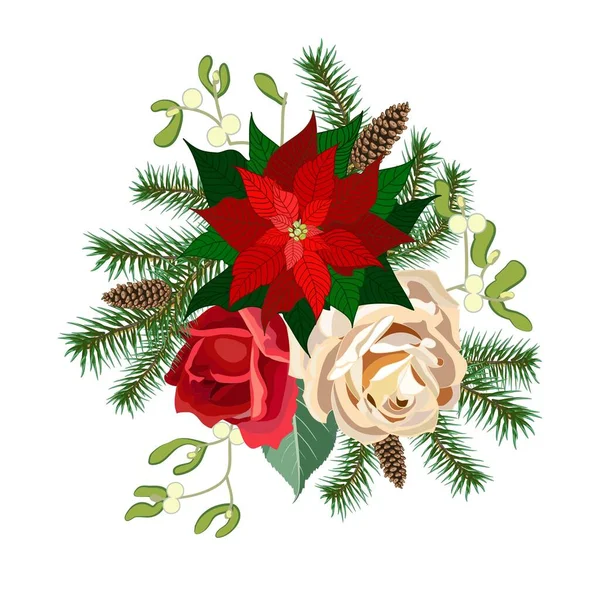 Рождественская Гирлянда Цветов Роз Еловых Ветвей Декоративной Зелени Векторная Иллюстрация — стоковый вектор