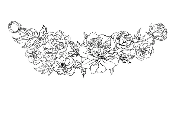 Linha Vetorial Arte Monocromática Composição Floral Desenho Para Colorir Ilustração — Vetor de Stock