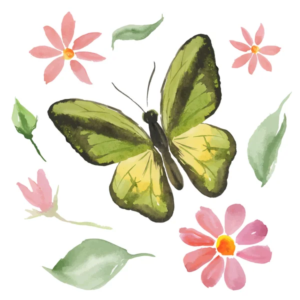 Mariposa verde y flores — Archivo Imágenes Vectoriales