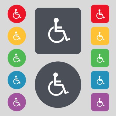 Engelli işareti simgesi. tekerlekli sandalye sembol üzerinde insan. özürlü işareti geçersiz. renkli düğmeler vektör ayarla