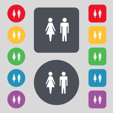 WC işareti simgesi. tuvalet simgesi. kadın ve erkek tuvalet. renkli düğmeler ayarlayın. vektör