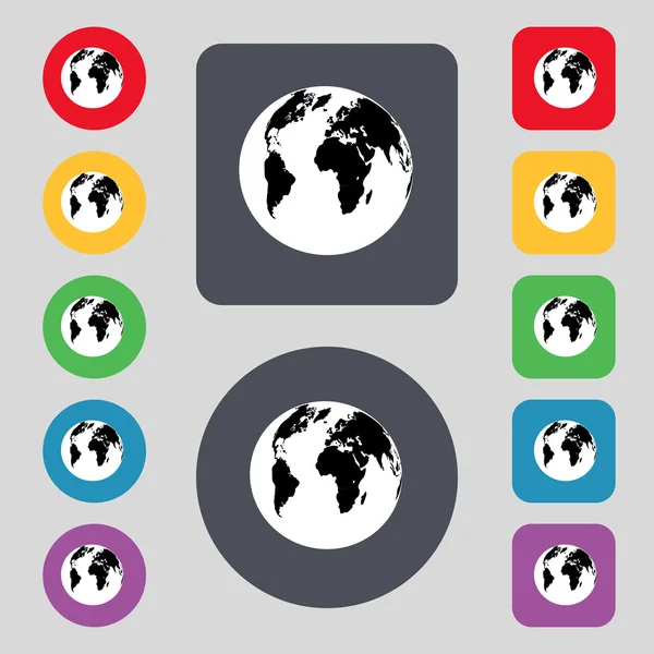 Icono de signo de globo. Mapa del mundo símbolo geográfico. Establecer botones de colores. Vector — Archivo Imágenes Vectoriales