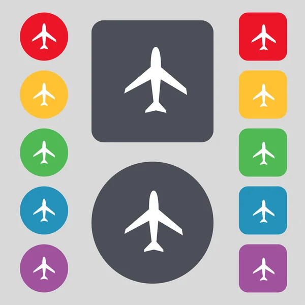 비행기 사인입니다. 비행기 기호입니다. 여행 아이콘입니다. 비행 플랫 레이블입니다. 다채로운 단추를 설정 합니다. 벡터 — 스톡 벡터