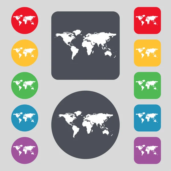 Icono de signo de globo. Mapa del mundo símbolo geográfico. Establecer botones de colores. Vector — Archivo Imágenes Vectoriales