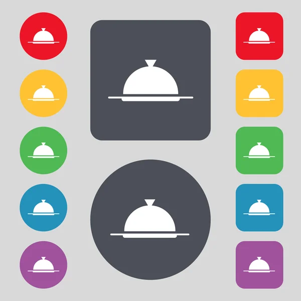 Bandeja de comida que sirve icono de signo. Ajuste de mesa en símbolo del restaurante. Establecer botones de colores. Vector — Archivo Imágenes Vectoriales