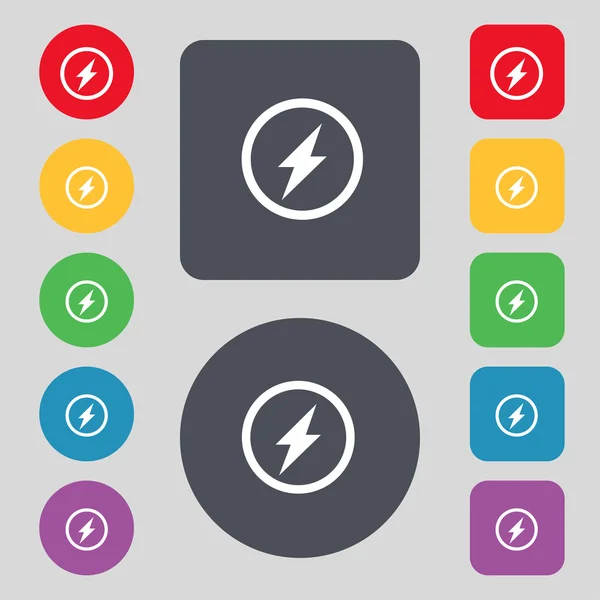 Zdjęcie flash znak ikona. symbol błyskawicy. zestaw kolorowych przycisków. wektor — Wektor stockowy