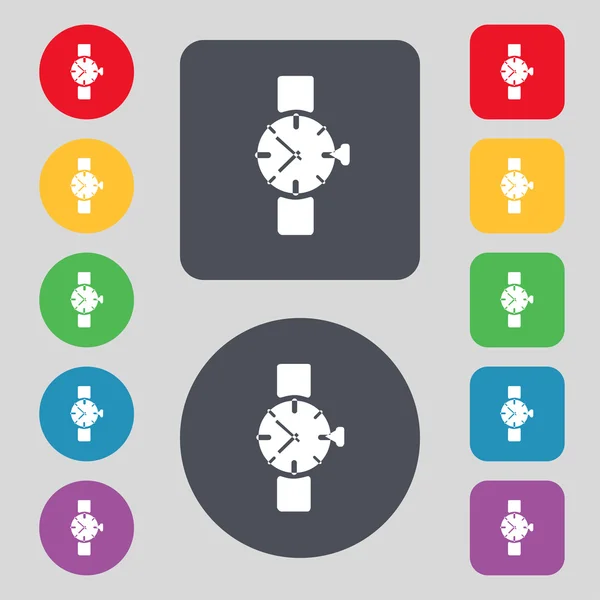 Wrist Watch sign icon. Mechanical clock symbol. Set colourful buttons. Vector — Stock Vector