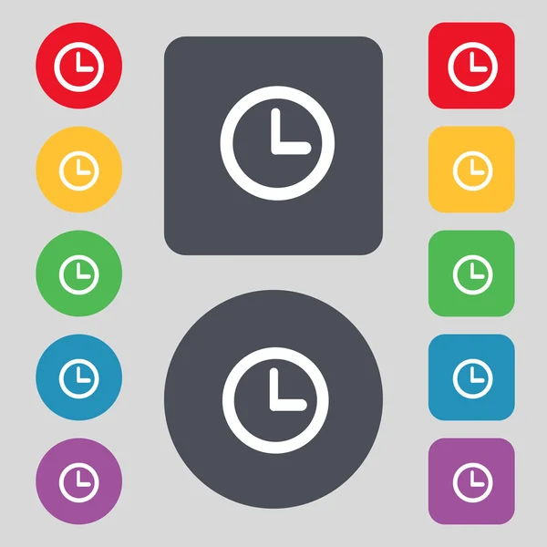 Icono de señal de reloj. Símbolo mecánico del reloj. Establecer botones de colores. Vector — Vector de stock