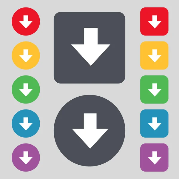 Download teken. het downloaden van platte pictogram. label laden. kleurrijke knoppen vector instellen — Stockvector