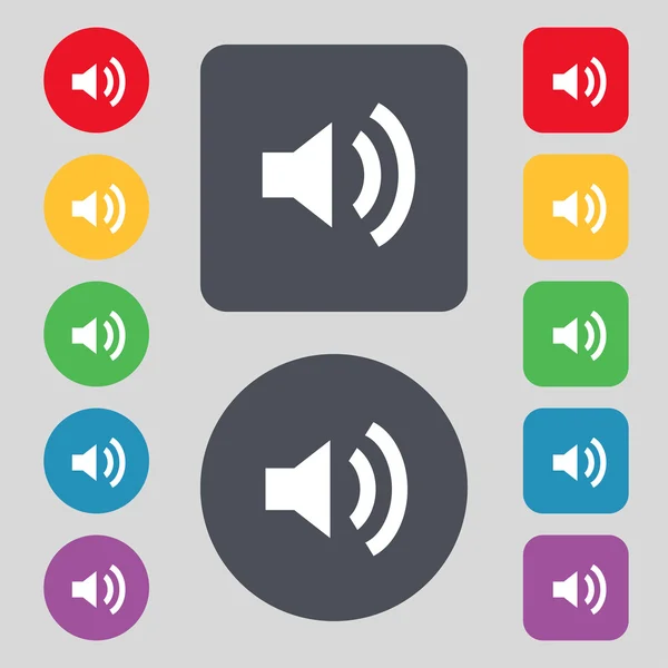 Speaker volume sign icon. Sound symbol. Set colourful buttons. Vector — Stock Vector
