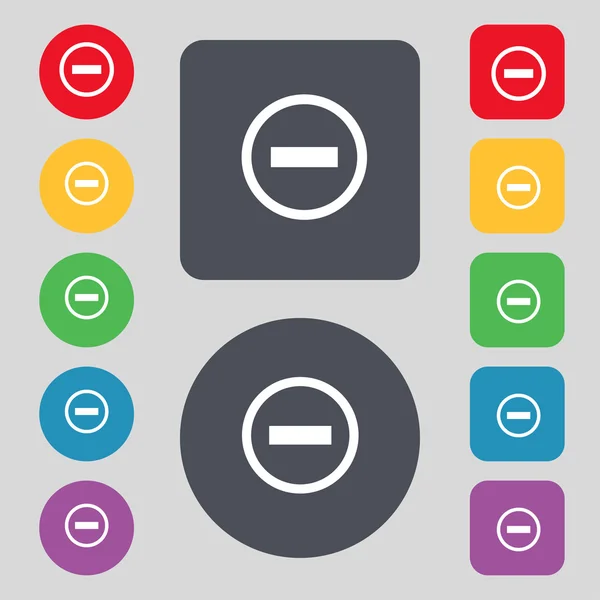 Minus sign icon. Negative symbol. Zoom out. Set colourful buttons. Vector — Stock Vector