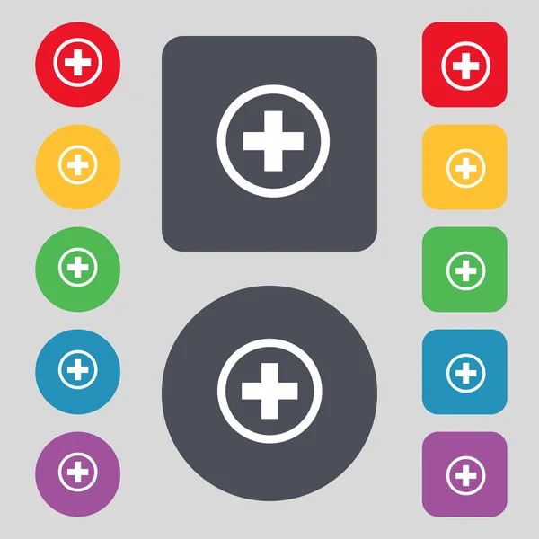 Plus sign icon. Positive symbol. Zoom in.Set colourful buttons. Vector — Stock Vector