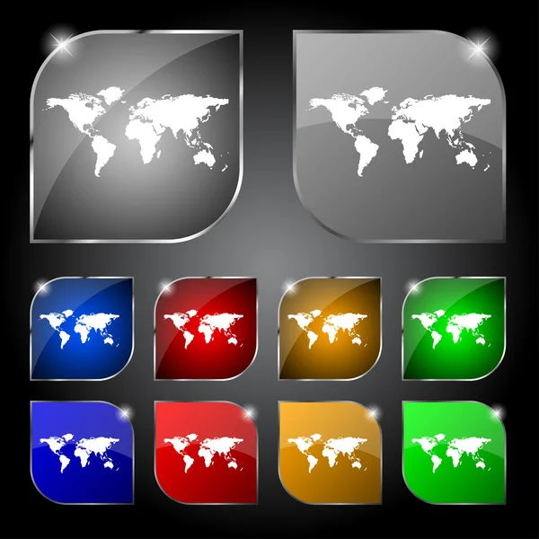 Ikona zeměkoule podepsat. Světová mapa geografie symbol. sada barevných tlačítek. vektor地球の記号アイコン。世界地図の地理学のシンボルです。カラフルなボタンを設定します。ベクトル — ストックベクタ