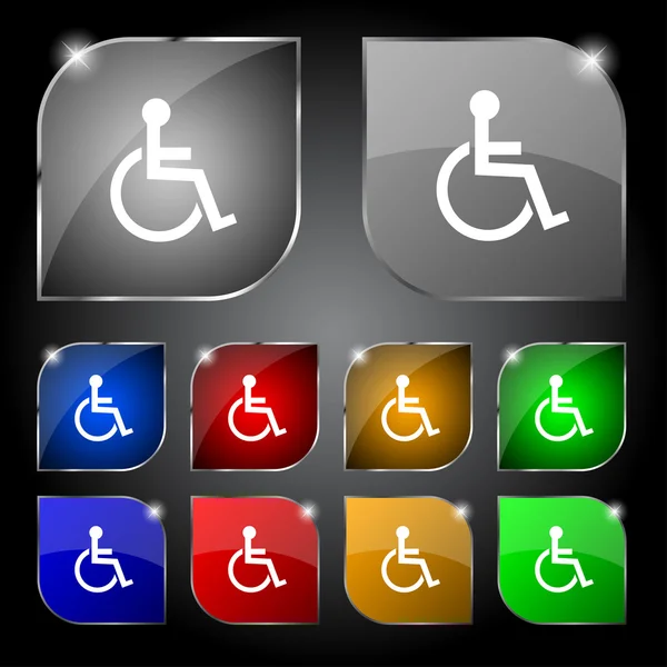 Ikony wyłączone znak. człowieka na wózku inwalidzkim symbol. niepełnosprawnych nieprawidłowy znak. kolorowe przyciski wektor zestaw — Wektor stockowy