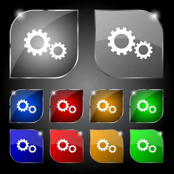 Icona segno impostazioni ingranaggio. Simbolo del meccanismo del cambio Cogwheel. Impostare pulsanti colorati. Vettore — Vettoriale Stock