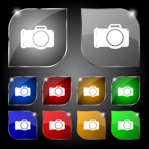 Photo camera sign icon. Digital symbol. Set colourful buttons. Vector — Stock Vector