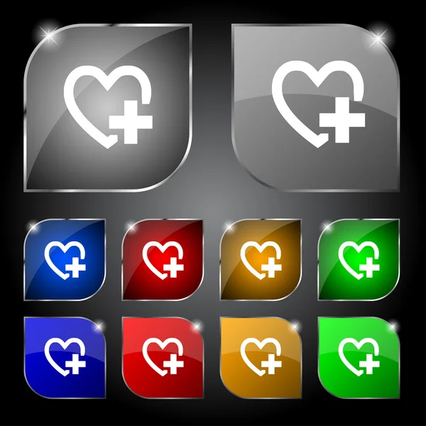 Medical heart sign icon. Cross symbol. Set colourful buttons. Vector — Stock vektor