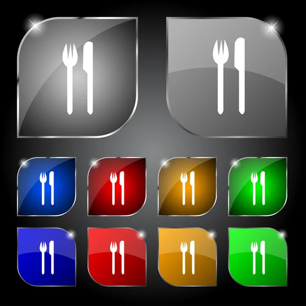 Eten teken pictogram. bestek symbool. vork en mes. kleurrijke knoppen vector instellen — Stockvector