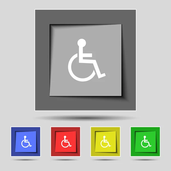 Disabled sign icon. Human on wheelchair symbol. Handicapped invalid sign. Set colourful buttons Vector — Stock Vector