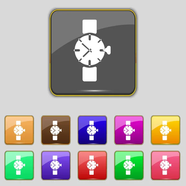 Muñeca Signo de reloj icono. Símbolo mecánico del reloj. Establecer botones de colores. Vector — Archivo Imágenes Vectoriales