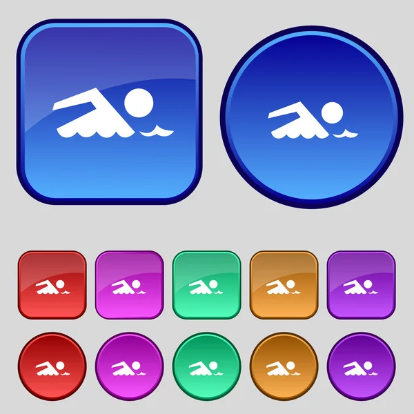 Swimming sign icon. Pool swim symbol. Sea wave. Set colourful buttons Vector — Stock Vector