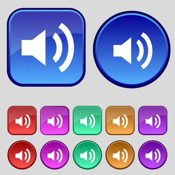 Spreker volumepictogram teken. geluid symbool. kleurrijke knoppen instellen vector — Stockvector
