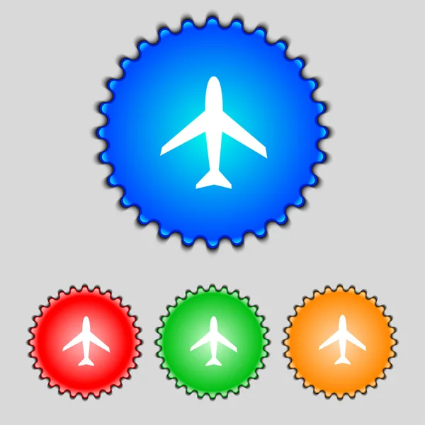 Firma del avión. Símbolo plano. Icono de viaje. Etiqueta plana de vuelo. Establecer botones de colores. Vector — Vector de stock