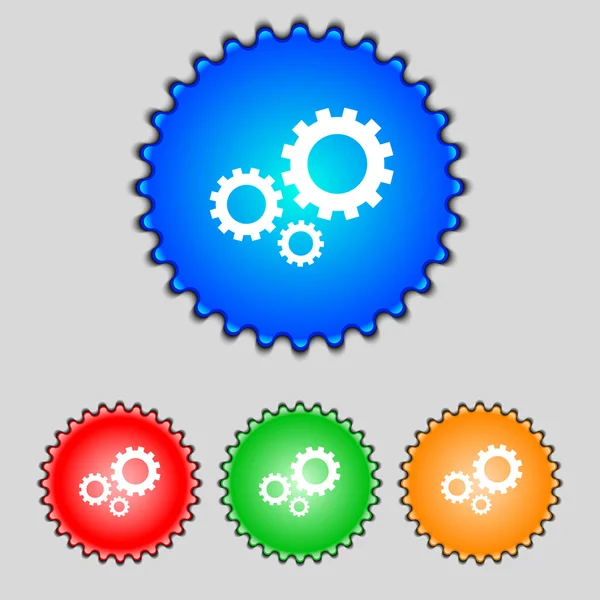 Cog settings sign icon. Cogwheel gear mechanism symbol. Set colourful buttons. Vector — Stock Vector