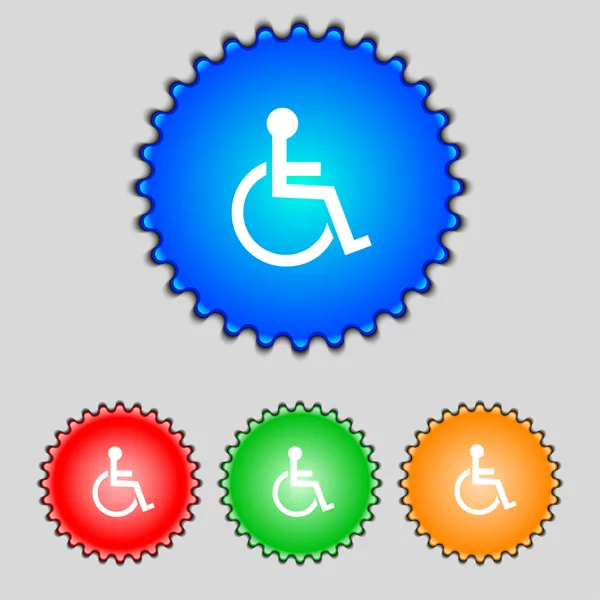 Εικονίδιο "υπογραφή με ειδικές ανάγκες". ανθρώπου στο σύμβολο της αναπηρικής πολυθρόνας. άτομα με ειδικές ανάγκες δεν είναι έγκυρη ένδειξη. Σετ πολύχρωμα κουμπιά διάνυσμα — Διανυσματικό Αρχείο