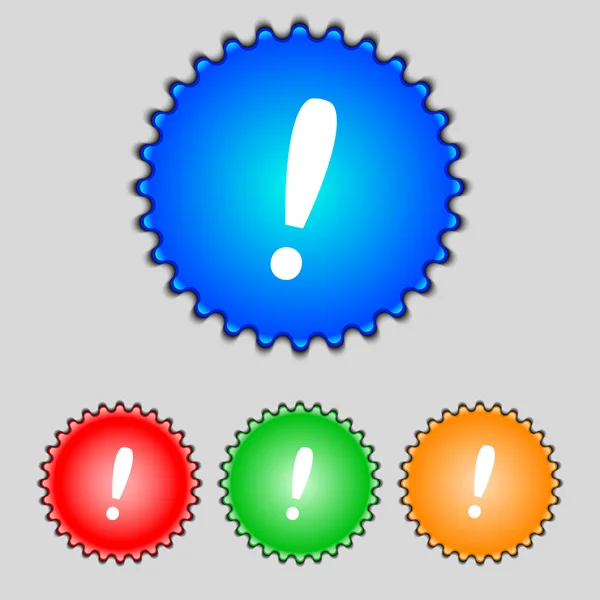 Exclamation mark sign icon. Attention speech bubble symbol. Set colourful buttons. Vector — Stock Vector