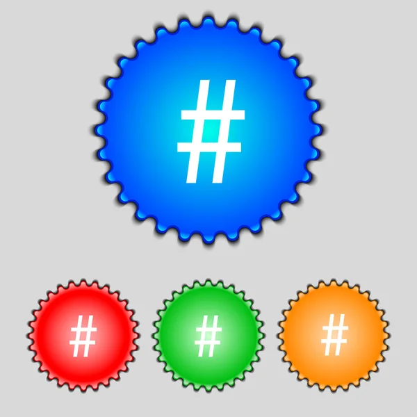 Icona hash tag. Impostare i pulsanti colorati segno. Vettore — Vettoriale Stock
