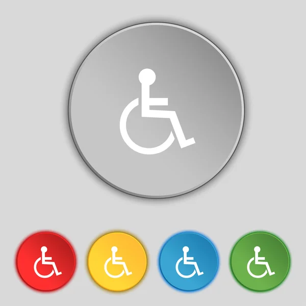 Disabled sign icon. Human on wheelchair symbol. Handicapped invalid sign. Set colourful buttons Vector — Stock Vector