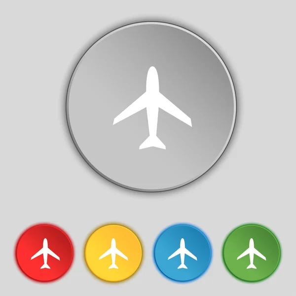 Airplane sign. Plane symbol. Travel icon. Flight flat label. Set colourful buttons. Vector — Stock Vector