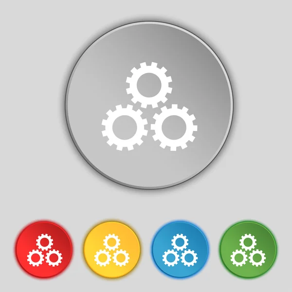 Cog settings sign icon. Cogwheel gear mechanism symbol. Set colourful buttons. Vector — Stock Vector