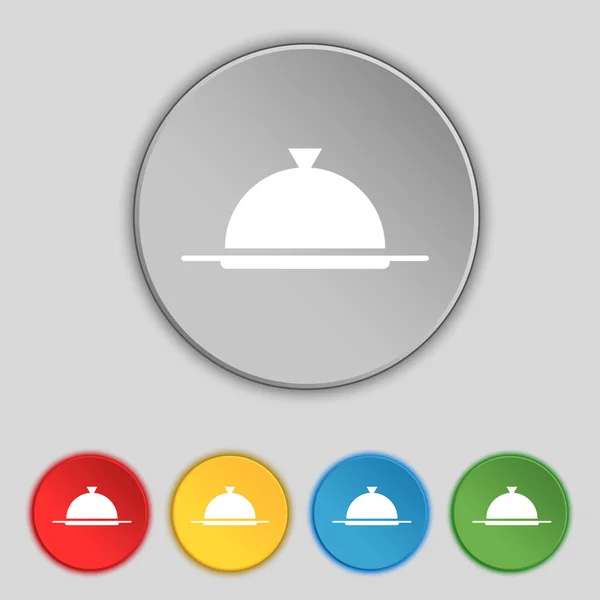 Żywność półmisek obsługujących znak ikona. tabela ustawienia restauracja symbol. zestaw kolorowych przycisków. wektor — Wektor stockowy