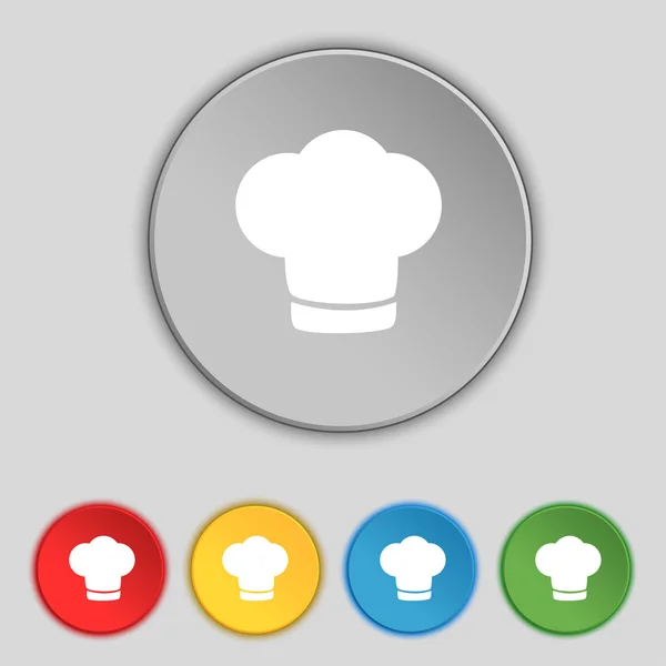 Ikona znak kapelusz kucharz. symbol gotowania. kucharze kapelusz. kolorowe przyciski wektor zestaw — Wektor stockowy