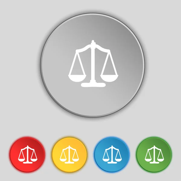 Icono de signo de Escalas de Justicia. Símbolo judicial. Establecer botones de colores. Vector — Vector de stock