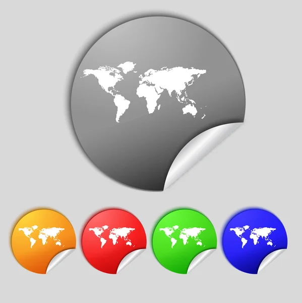 Wereldbol teken icoon. wereld kaart geografie symbool. kleurrijke knoppen instellen vector — Stockvector