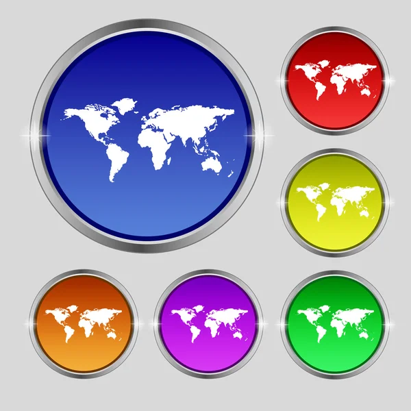 Ikona zeměkoule podepsat. Světová mapa geografie symbol. sada barevných tlačítek. vektor地球の記号アイコン。世界地図の地理学のシンボルです。カラフルなボタンを設定します。ベクトル — Stockový vektor