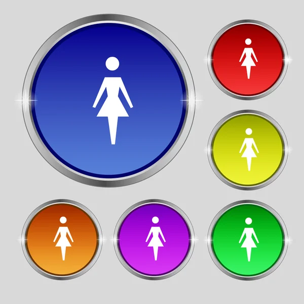 Kvinnliga tecken ikon. kvinna mänsklig symbol. kvinnor toalett. Ange Färgknappar. vektor — Stock vektor